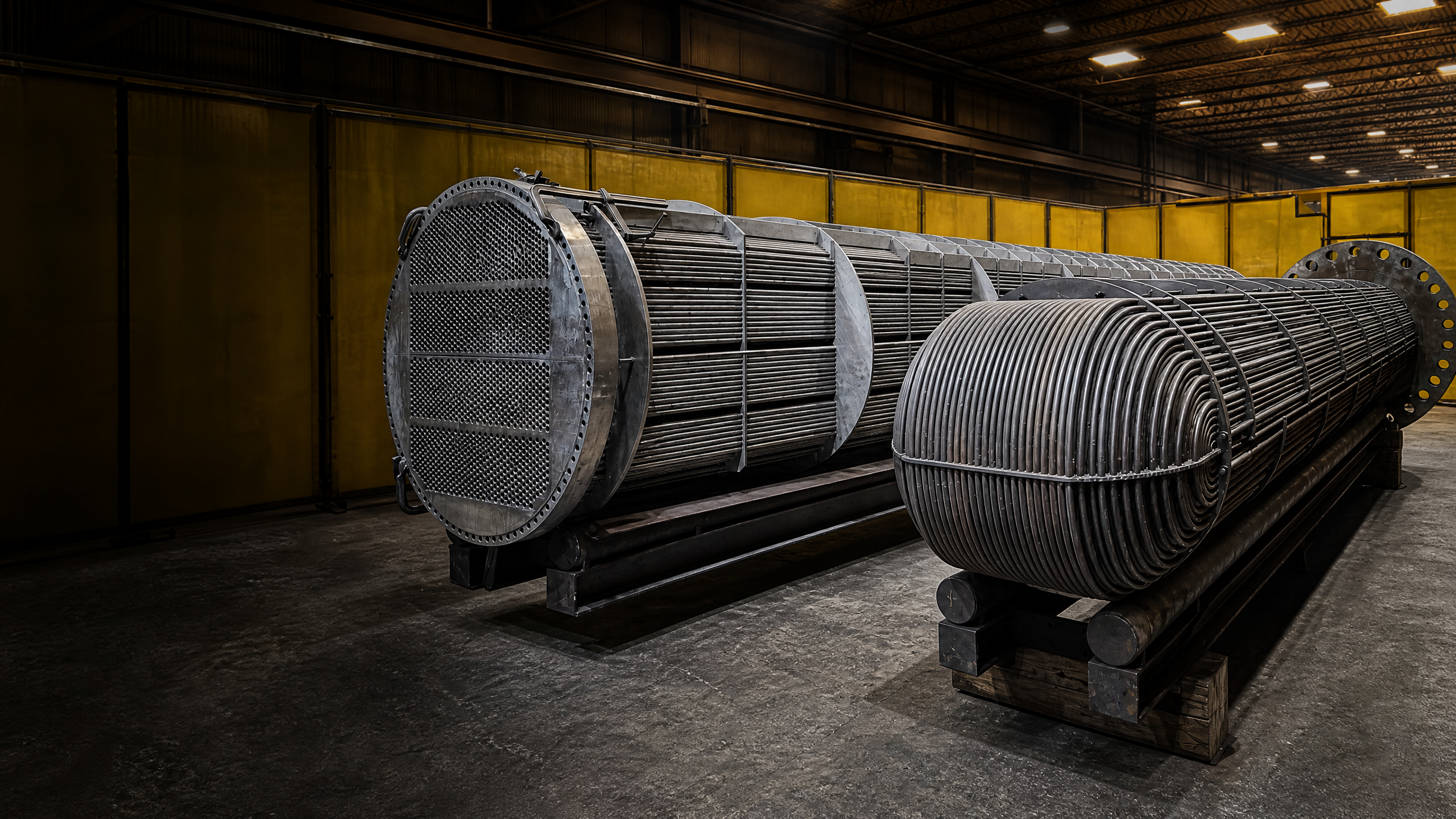 Large shell-and-tube heat exchanger bundles on supports inside an industrial workshop